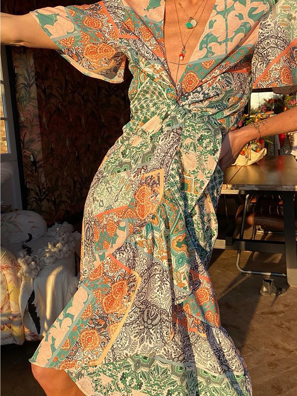 NWT Never Fully Dressed Teal & Orange Patchwork Wrap Midi Dress